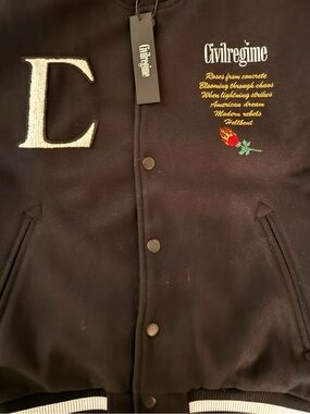Civilregime Men's Black Varsity Bomber Jacket “Roses from Concrete”